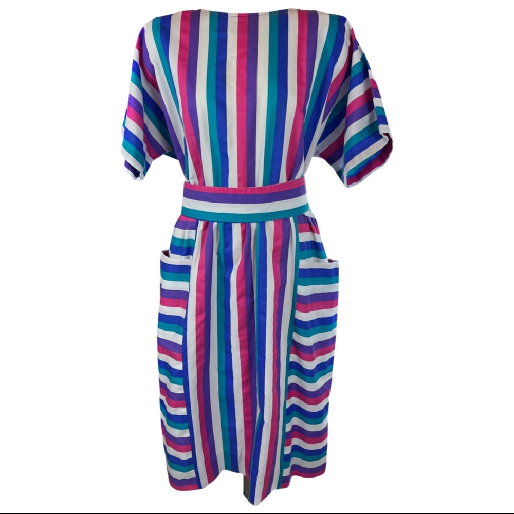 Vintage 70/80s Rainbow Stripe dress, color block, Secretary Style, large pockets